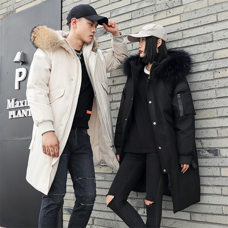 现货足 连帽大毛领织带大长款情侣学生团体服团建服纯色羽绒服图片