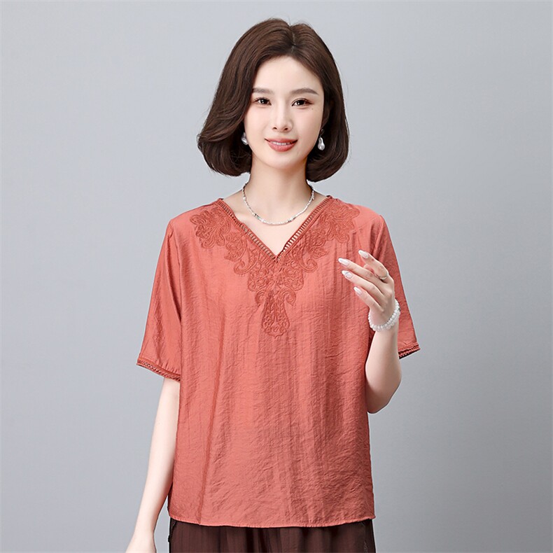 优雅刺绣V领短袖衬衫女夏季新款宽松显瘦百搭上衣气质女装，女装衬衫，叶笙衣