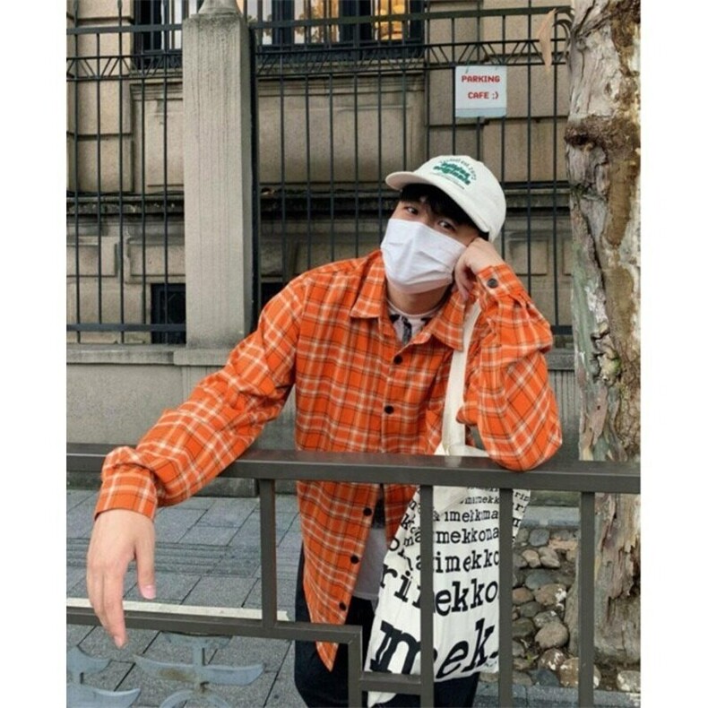 美式复古橙色格纹长袖衬衫女春秋小众设计感宽松休闲，男装衬衫，星座716-2