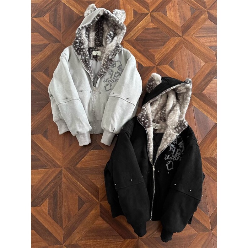 哥特美式猫耳朵毛绒麂皮连帽夹棉棉衣外套MY589特P116，男装棉衣，星座908-1