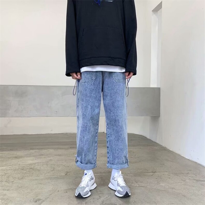 阔腿裤男ins街头潮流宽松直筒牛仔裤潮牌复古卷边牛仔裤k32-p40图片