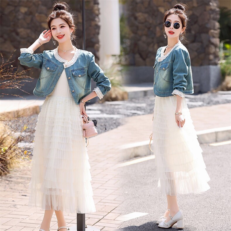 牛仔层层蛋糕裙套装女春秋2025新款今年流行法式背心连衣裙两件套，女装套装/套裙，意芙