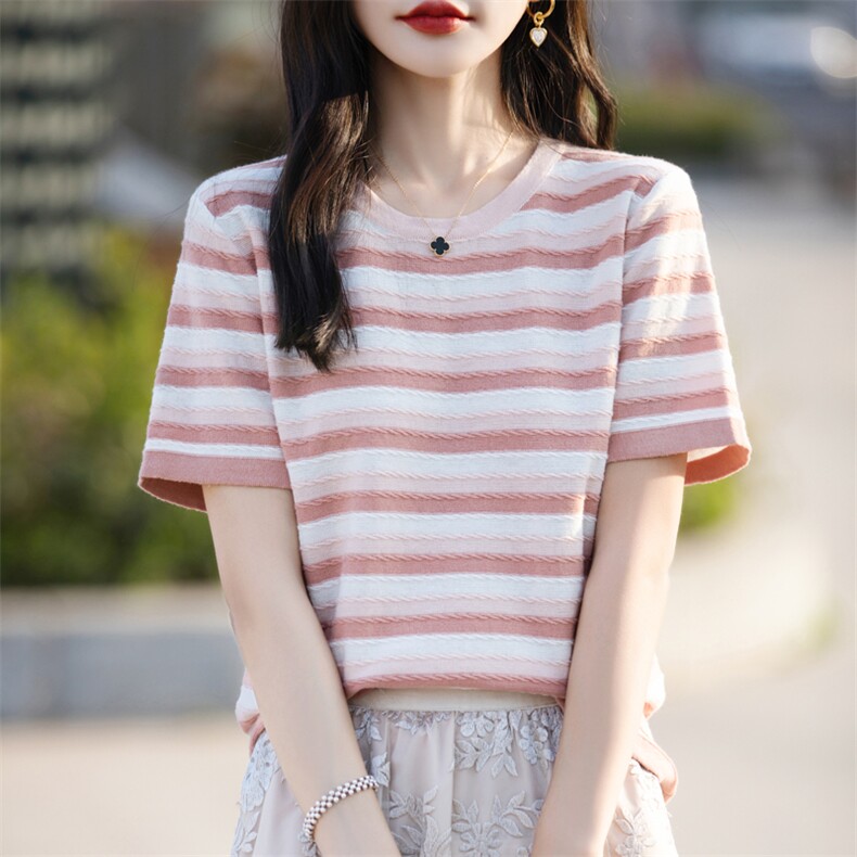 正肩短袖条纹T恤女2025夏季新款小个子纯棉显瘦宽松圆领体恤上衣,针织衫/毛衣,彩羽羊绒