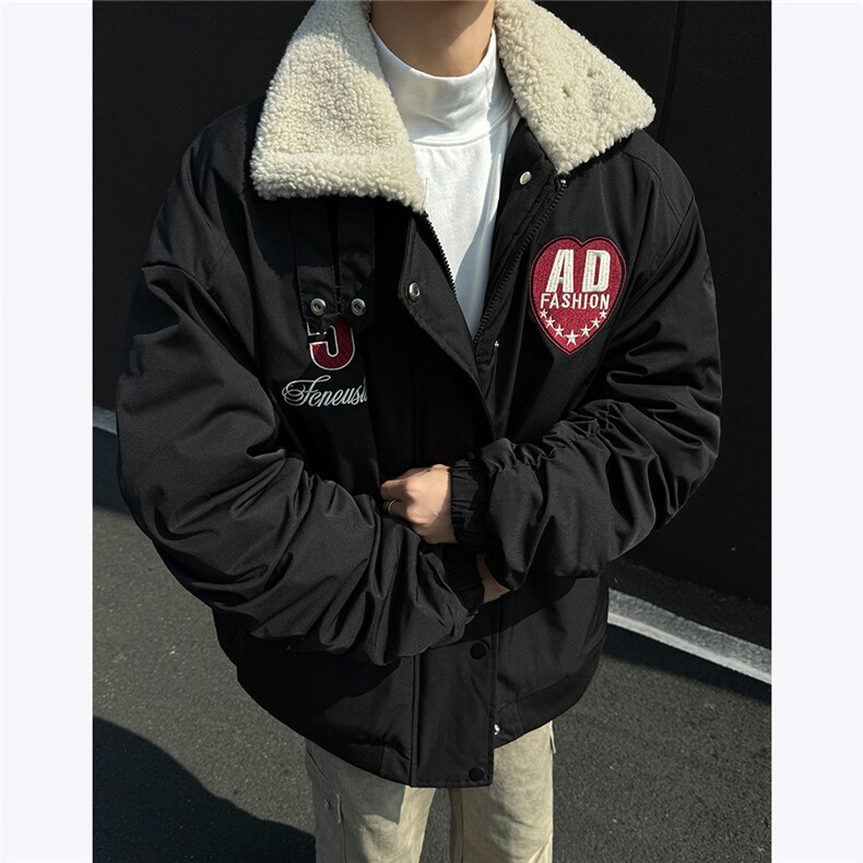 美式设计感羊羔毛翻领棉服外套男飞行服重磅绣花冬季棉袄图片