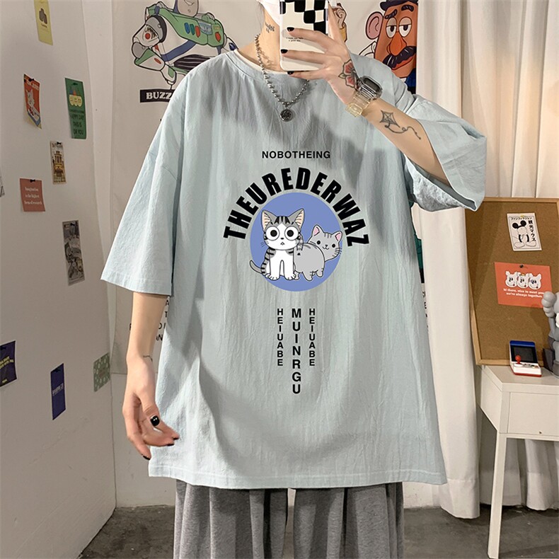 YT26160-P30亚麻短袖t恤男大码五分袖男宽松七分袖海报风,男装T恤,电商A040