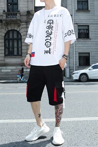 新款夏季潮流时尚T恤男装青少年宽松休闲圆领套装F178P70图片