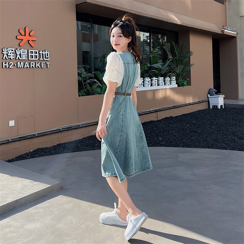 《48H发》高质甜美短袖复古牛仔蓝拼接连衣裙,女装连衣裙,凯芙莉服饰
