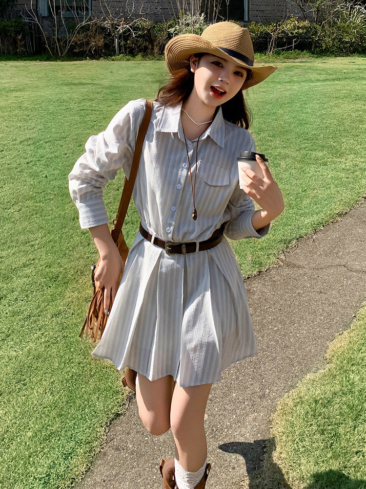 浅蓝色休闲条纹衬衫连衣裙女2025年夏季新款韩系设计感显瘦百褶裙,女装连衣裙,浙宝305
