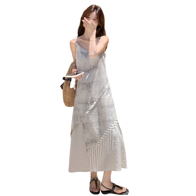 减龄流苏扎染吊带连衣裙女夏2025新款独特绝美显瘦长裙超好看洋气,女装连衣裙,2C271