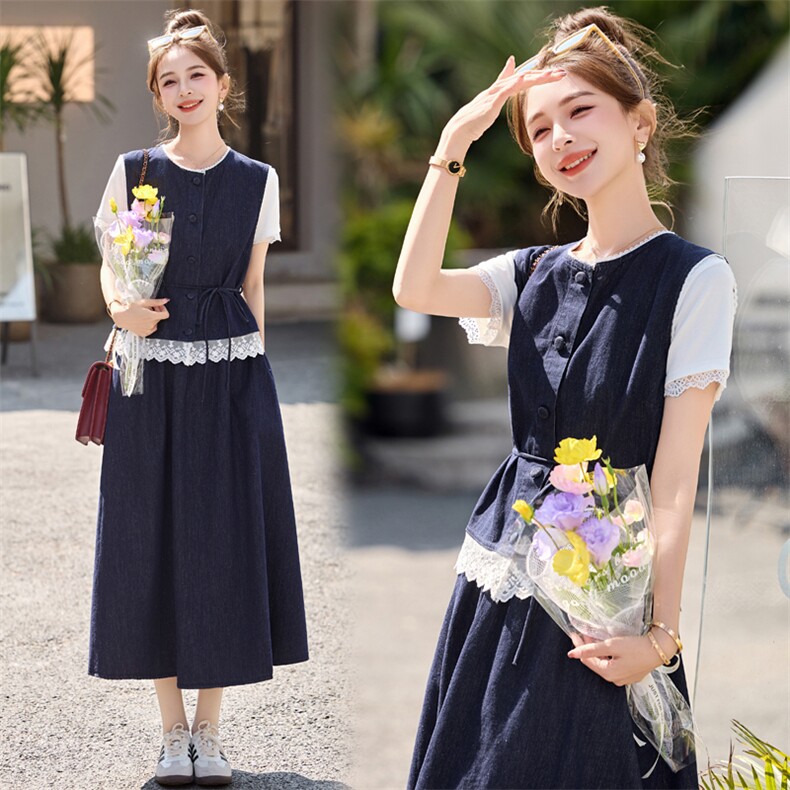 现货牛仔2025年夏季新款无袖拼接蕾丝花边上衣半身裙女,女装连衣裙,木橙西子