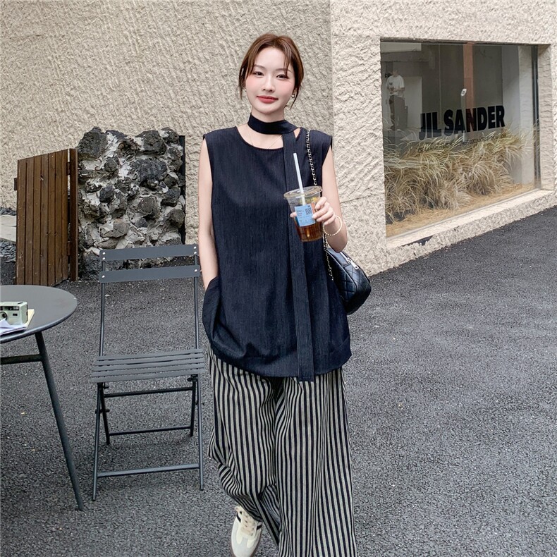 2025夏季新款女韩版时尚气质百搭显瘦无袖背心条纹阔腿裤两件套图片