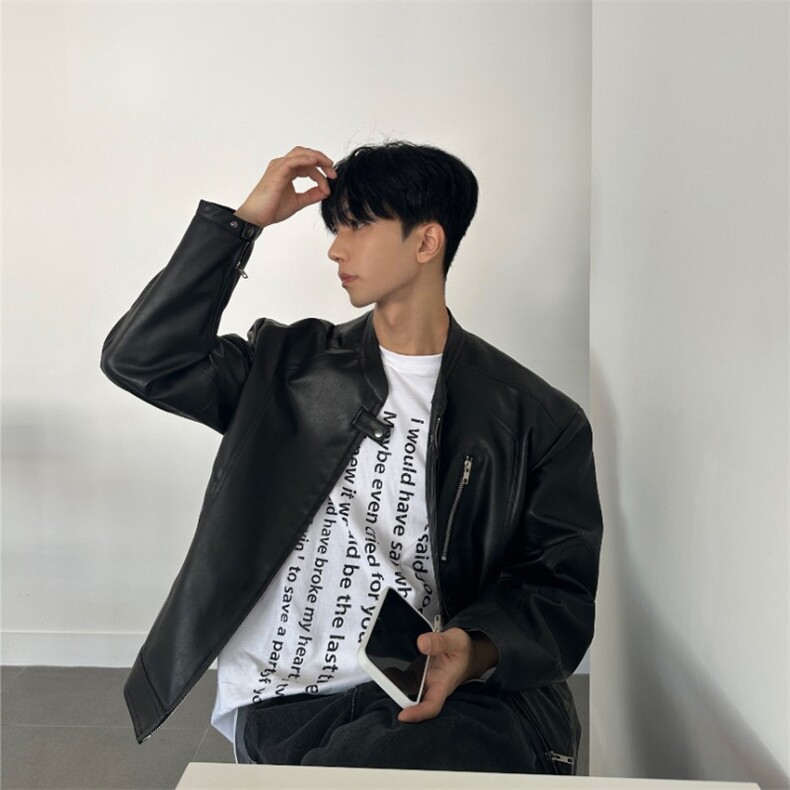 816B-PY013-P105韩风男士简约宽松皮夹克黑色痞帅皮衣,男装皮衣,星座816B
