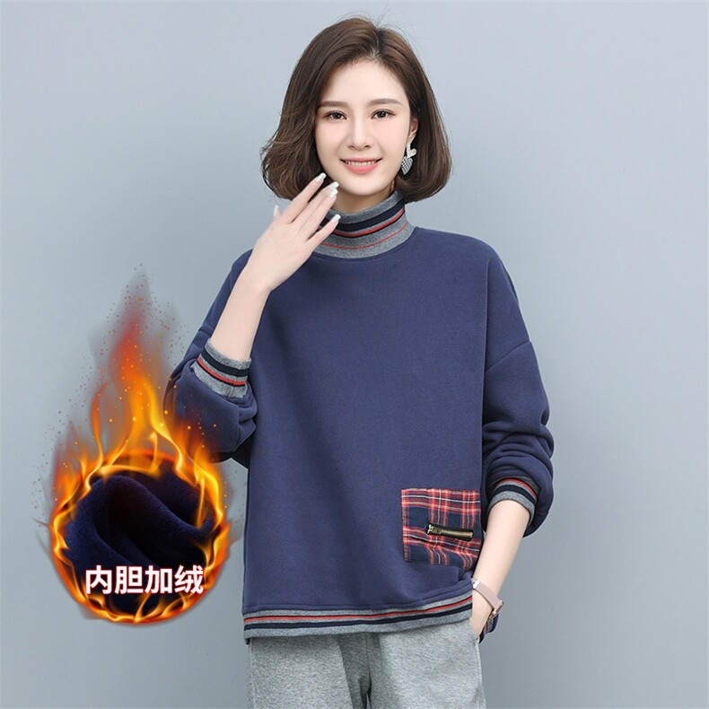 长期现货，女士卫衣冬加绒款款宽松时尚减龄妈妈长袖半高领上衣潮，女装卫衣/绒衫，涵誉