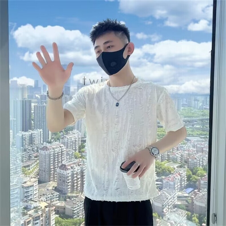 男简约青春流行潮流时尚潮牌夏季潮纯色新款T恤短袖圆领城市风貌,男装T恤,星座1013