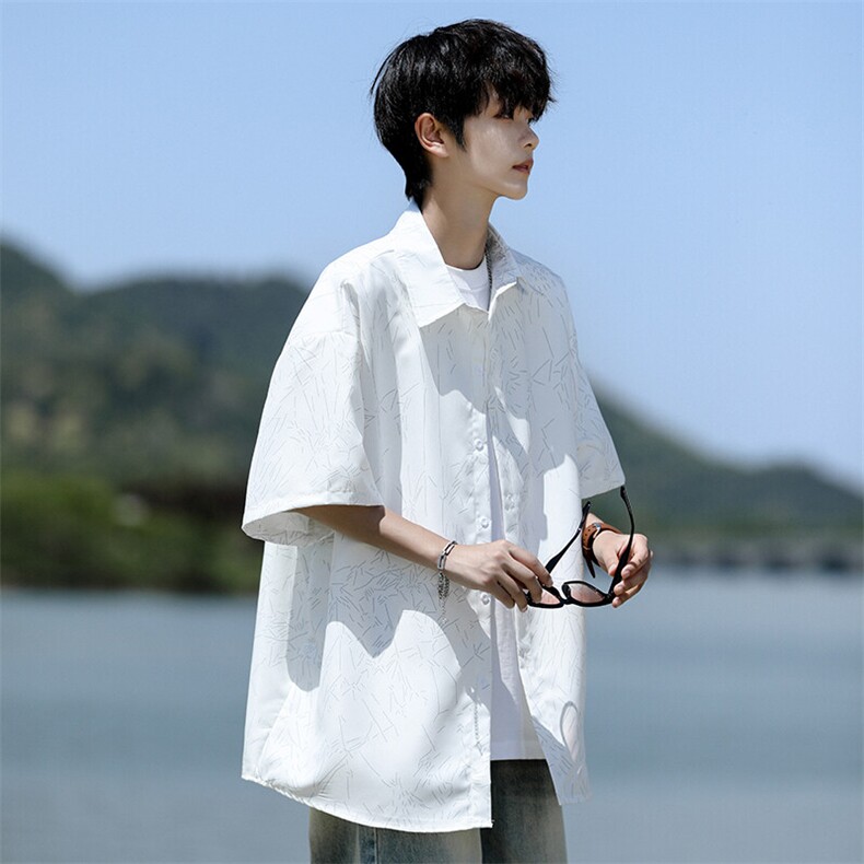 裂纹印花衬衫男短袖夏季宽松寸衫大码痞帅半袖衬衣外套DC28007P38,男装衬衫,电商B312