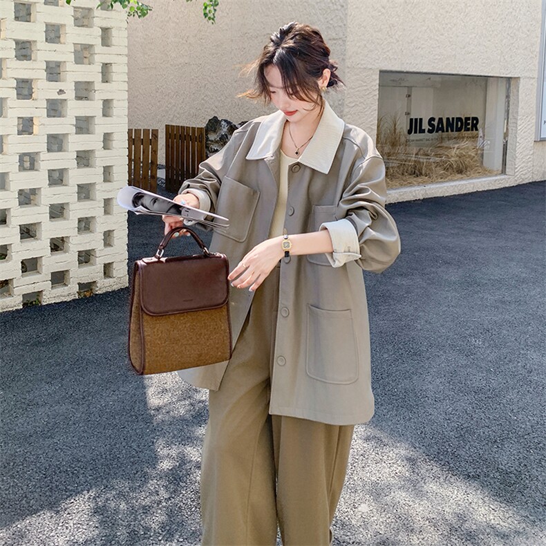 撞色拼接PU皮风衣外套女2025年秋季新款设计感休闲小个子翻领大衣,女装风衣,2C058