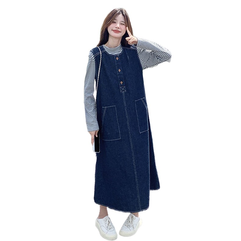 韩版盐系减龄牛仔背心裙套装女2025春秋季新款显瘦条纹上衣两件套,女装套装/套裙,浙宝212A