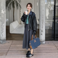 酷飒黑色翻领皮衣外套女2025秋季新款甜酷风复古宽松百搭夹克上衣，女装皮衣，2C168