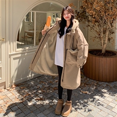卡其色工装连帽派克服女冬季2025新款韩系中长款加绒加厚棉服外套，女装短外套，2B183