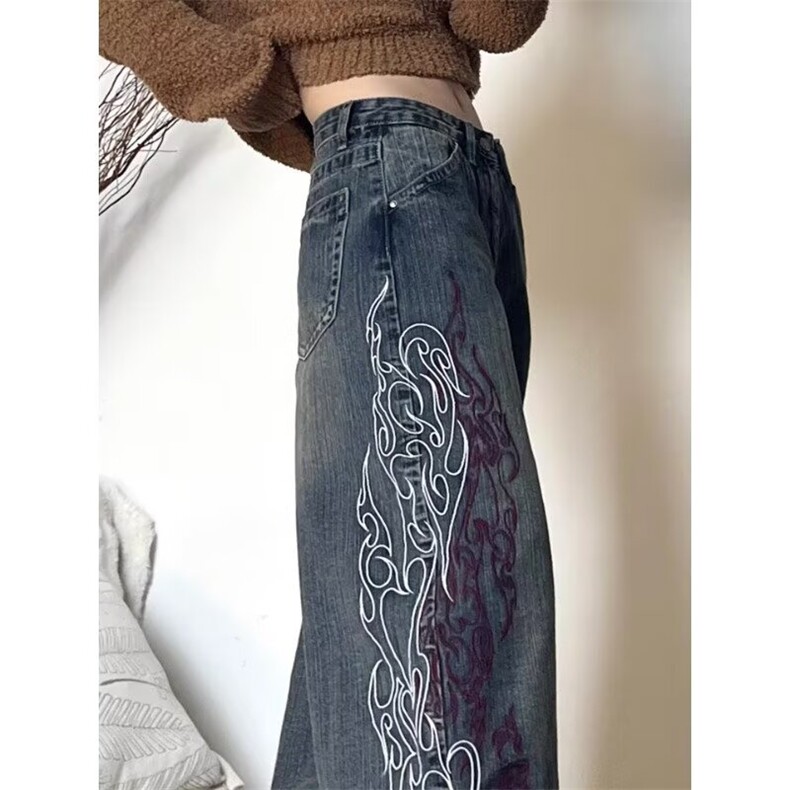 重工牛仔裤男女春秋季新款宽松显瘦窄版阔腿拖地裤子LA7300-P59,男装牛仔裤,星座1008