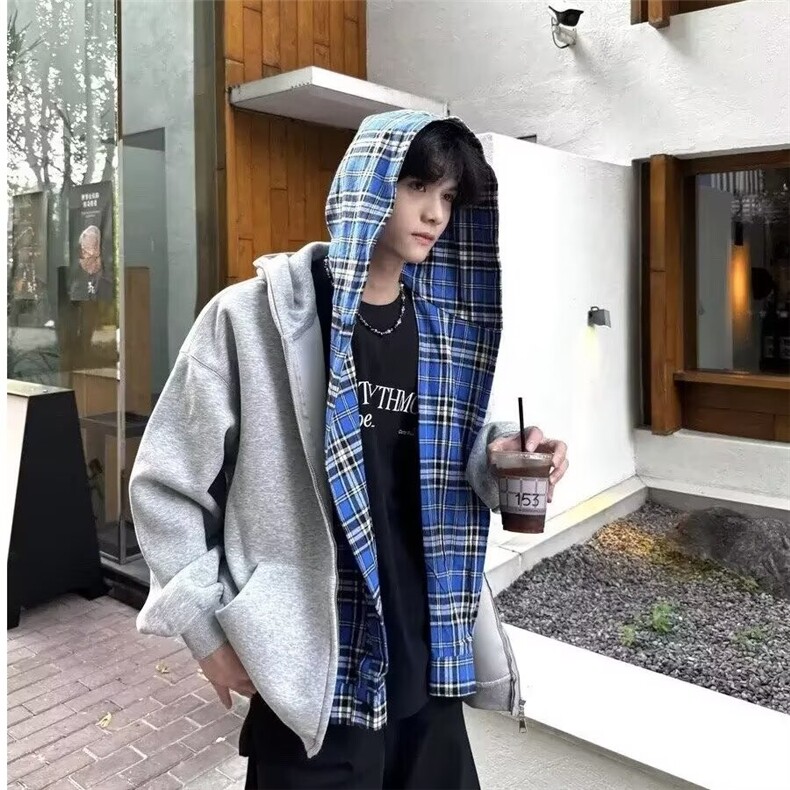 J210-P59美式潮牌假两件蓝色格子连帽卫衣秋冬复古重磅开衫外套,男装T恤,电商B323A