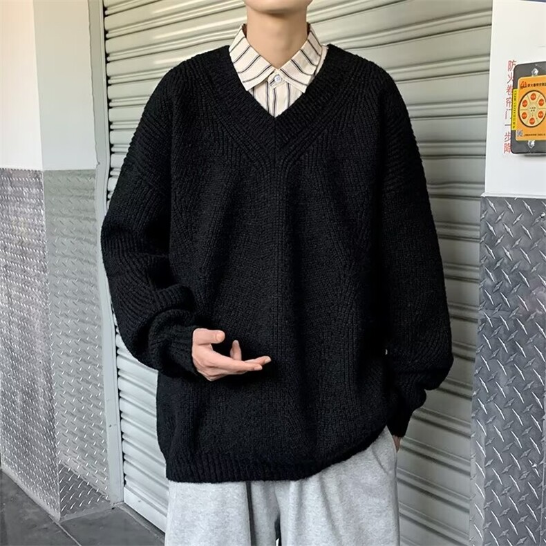 慵懒风V领套头针织衫男秋冬季复古纯色宽松休闲毛线衣M7358,男装针织衫/毛衣,星座1116A-1（原606A）