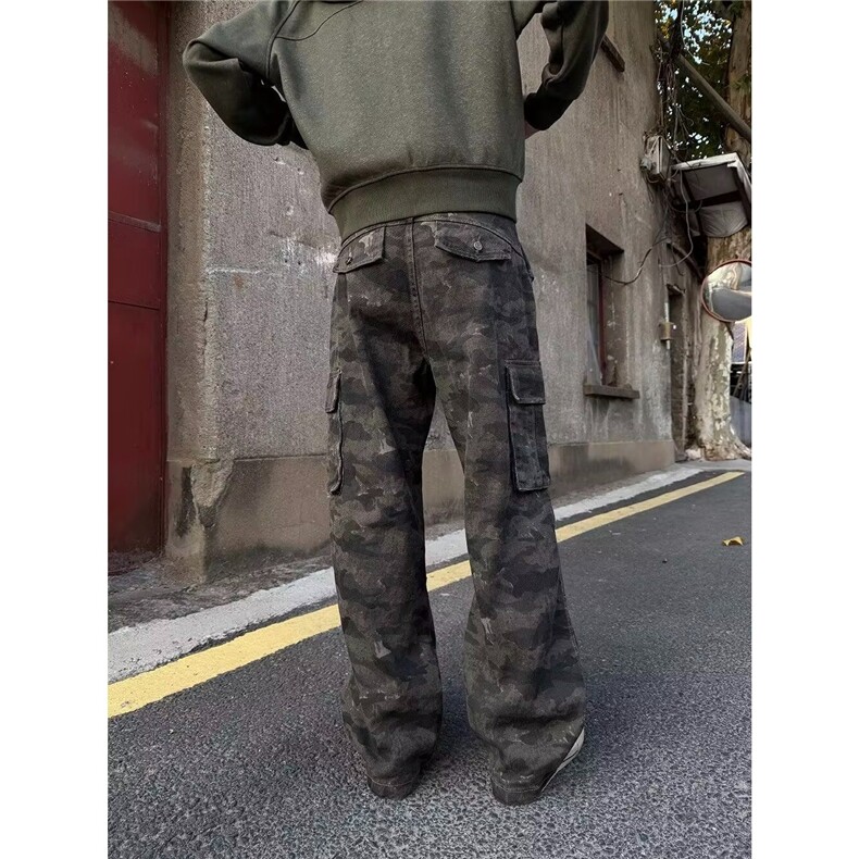 美式迷彩多口袋牛仔裤男女春季嘻哈直筒显瘦微喇工装裤NZ8430,男装牛仔裤,星座516A