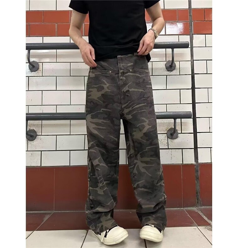 美式复古军绿迷彩牛仔裤工装直筒裤休闲裤高街裤子ins潮G377p45,男装休闲裤,电商D256-2(原A064-2)