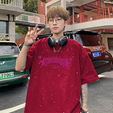 可48小时发货支持抖音得物来样二开美式满天星亮片短袖T恤MTX668，男装T恤，电商A486-1