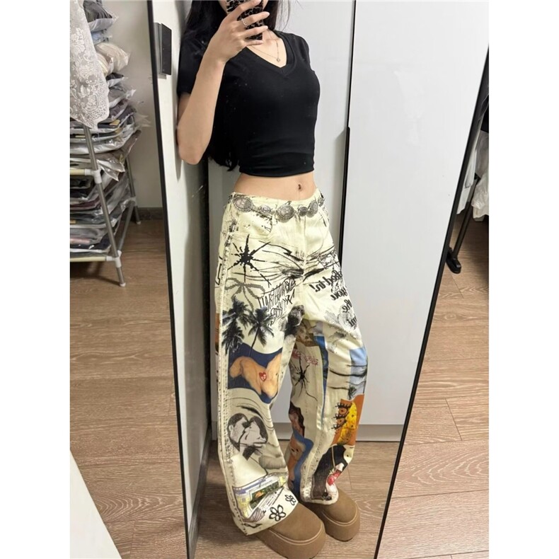 美式休闲涂鸦枫叶树枝落叶迷彩牛仔裤宽松直筒阔腿裤子HD209,男装牛仔裤,星座601-1