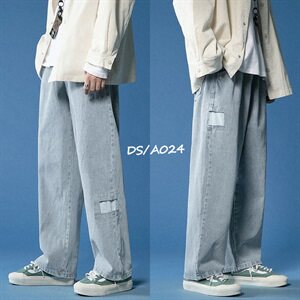 K716-P55 蓝背景 中性男女破洞补丁牛仔裤男宽松大码拖地裤图片