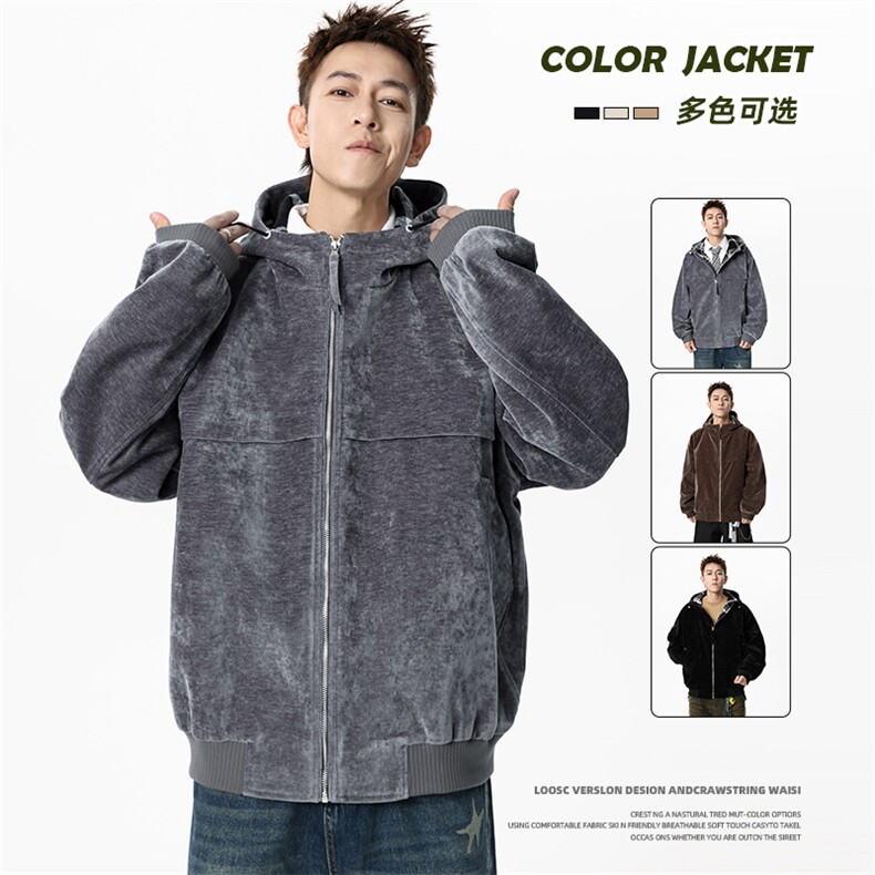 JK2653-P98 M-8XL秋季新款美式复古连帽雪尼尔夹克外套 控178图片