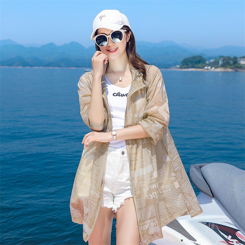 2022夏季新款时尚连帽防晒衣外套拉链宽松型中长款插肩袖，女装防晒衣，依倍林