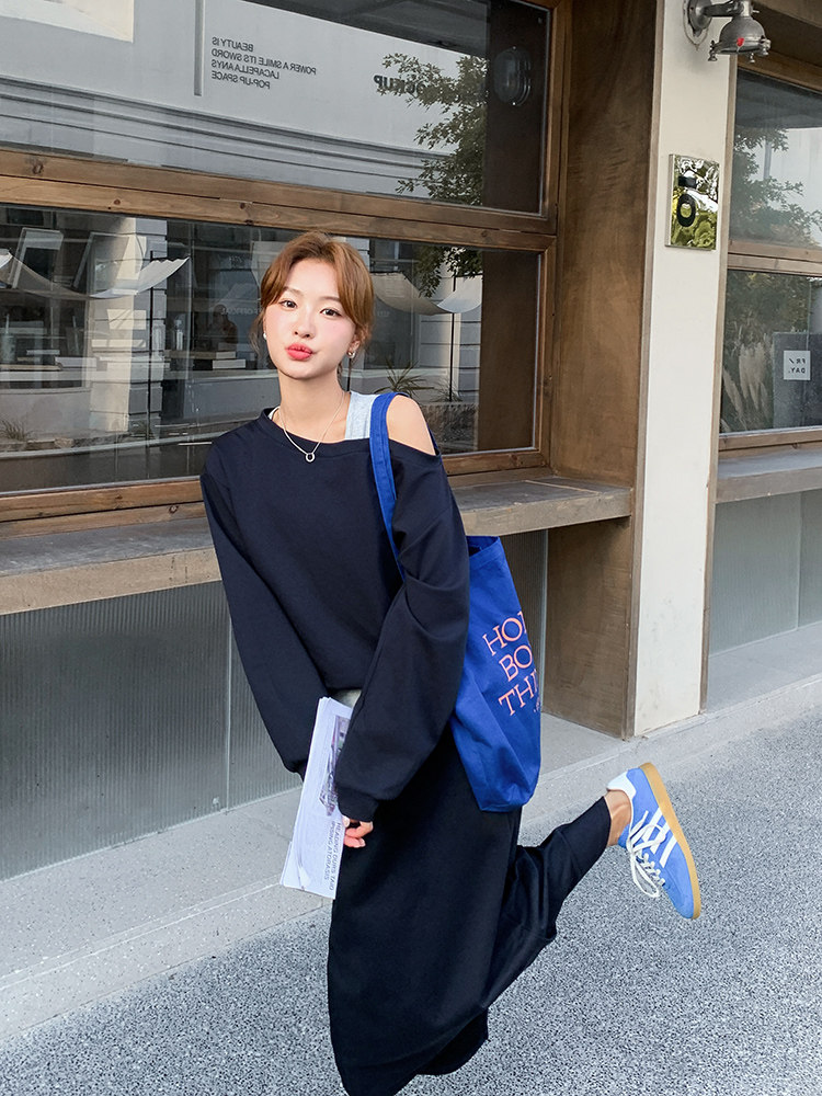 韩系气质假两件露肩卫衣套装裙女2025秋季新款小个子显瘦两件套潮,女装套装/套裙,纯色衣恋