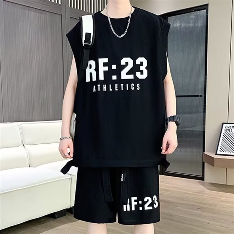 潮牌大码运动套装男夏季一套休闲篮球服搭配坎肩背心短裤两件套潮图片