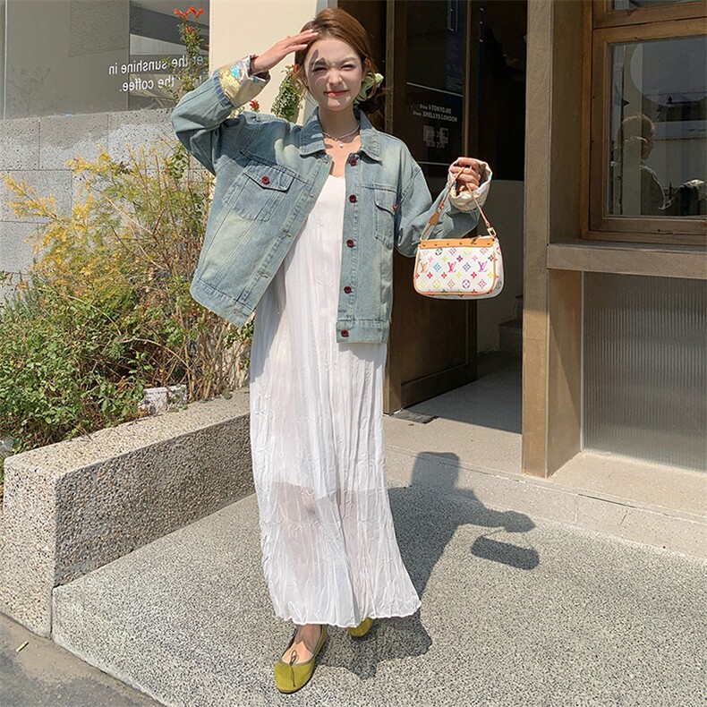 新中式刺绣牛仔外套吊带裙套装女2024春秋新款设计感连衣裙两件套,女装套装/套裙,浙宝305