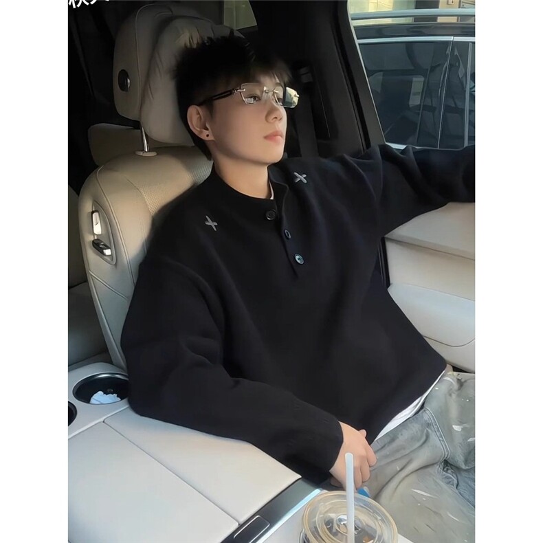 网图美式黑色刺绣亨利领毛衣内搭打底针织衫慵懒A025-CM15161-P55,男装T恤,电商A025