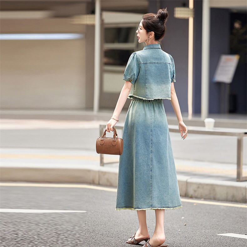 大量现货！短袖牛仔套装女2024夏季新款女装两件套时尚套装裙子,女装套装/套裙,慧尚依恋