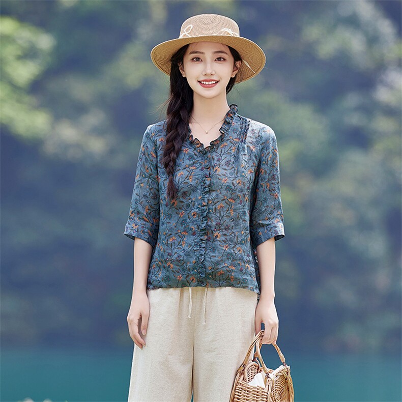 2026年夏季女短袖宽松常规苎麻,女装衬衫,江南依恋