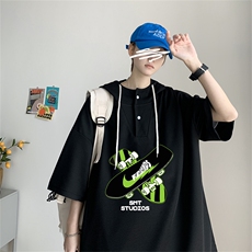 夏季港风冰丝宽松连帽短袖t恤五分体恤上衣TLM2254-P40控58，男装T恤，电商B370