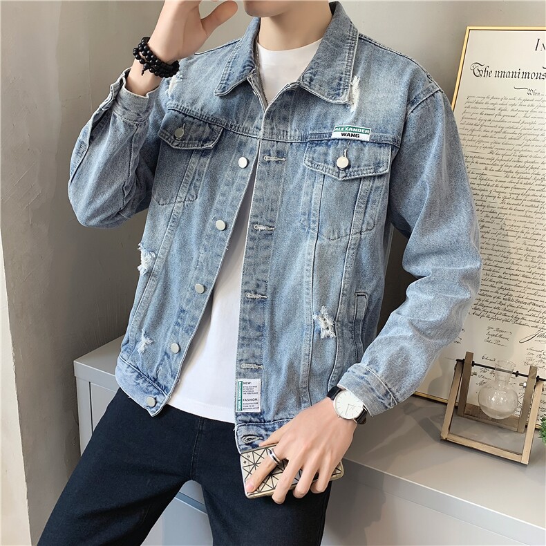JK820-p90-限价138 现货店主风牛仔夹克肥仔量足破洞印花大码图片