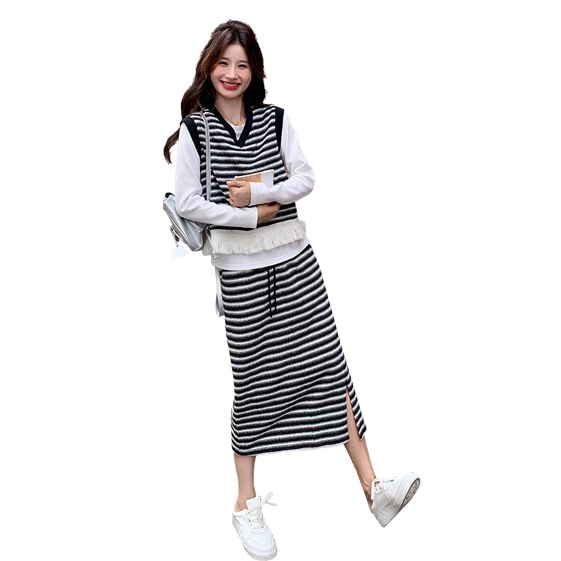 条纹针织马甲套装裙女2025新款时尚甜美减龄半身裙三件套,女装套装/套裙,浪娴服饰