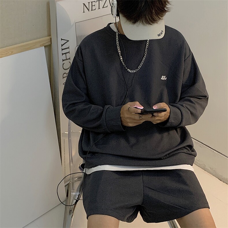 华夫格运动套装男女春季新款港风复古时尚休闲情侣两件套TZ40-P45，男装休闲套装，星座1008