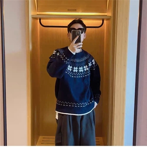 M17-P52 复古重磅费尔岛提花圆领针织衫男女宽松情侣休闲打底图片