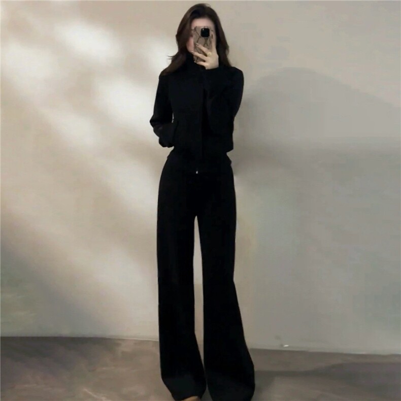 时尚减龄女春季气质休闲套装高级感穿搭立领开衫外套阔腿裤两件套图片