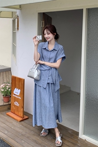 韩系休闲蓝色衬衫半身裙套装女夏2025新款两件套减龄时尚洋气显瘦图片