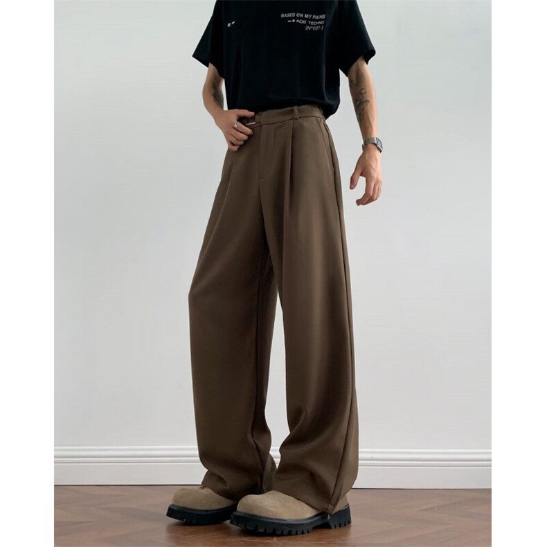 秋夏美式复古宽松直筒咖色休闲裤男薄款垂感拖地西裤K6502-P40，男装西裤，星座412-3