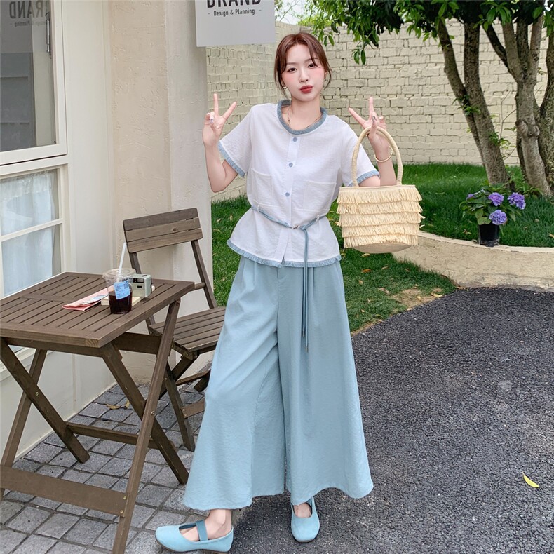 盐系休闲上衣阔腿长裤套装女2025夏季新款高级感气质小香风两件套图片