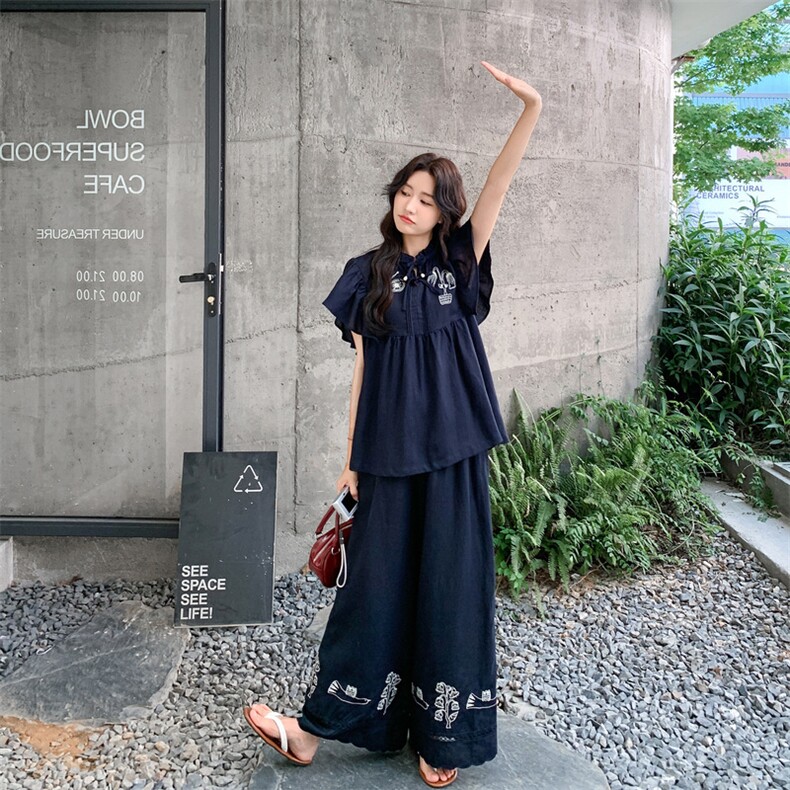 复古重工刺绣两件套装女2025年夏季新款小众气质上衣休闲阔腿长裤,女装套装/套裙,浙宝290（原306）