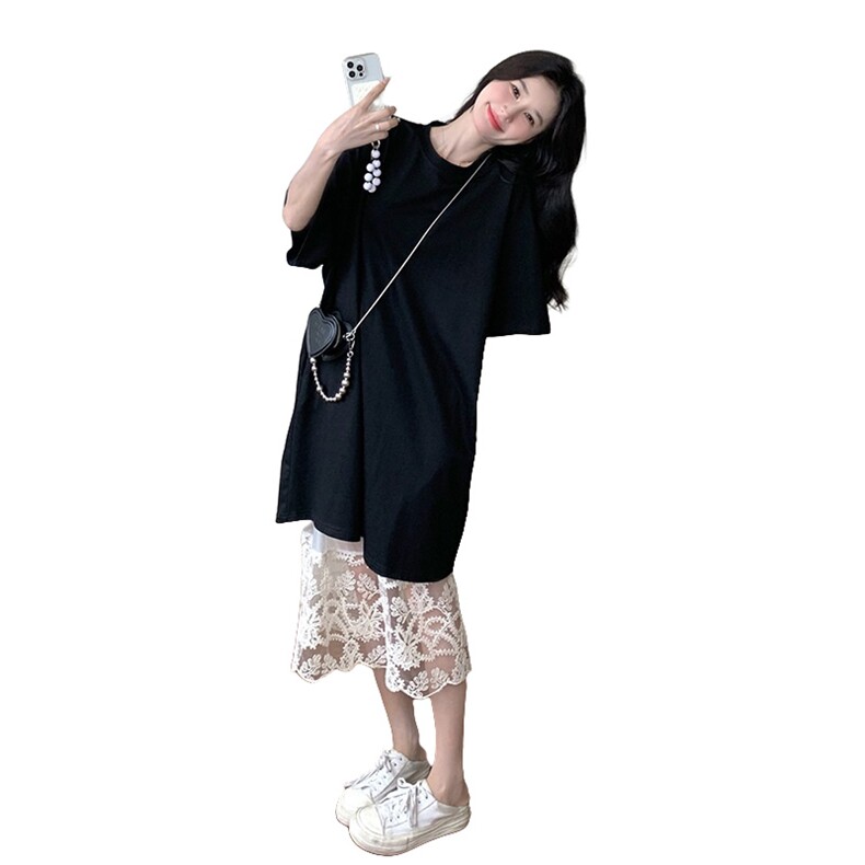 现货-主推-夏款新品黑色宽松连衣裙+蕾丝裙两件套,女装套装/套裙,新思路